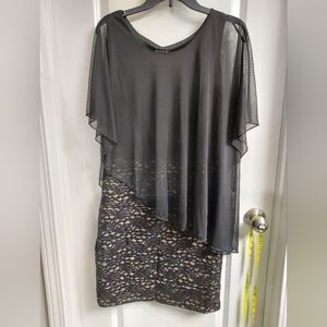 NWT Women's Enfocus Studio cream and Black Asymmetrical overlay Ruffled Dress